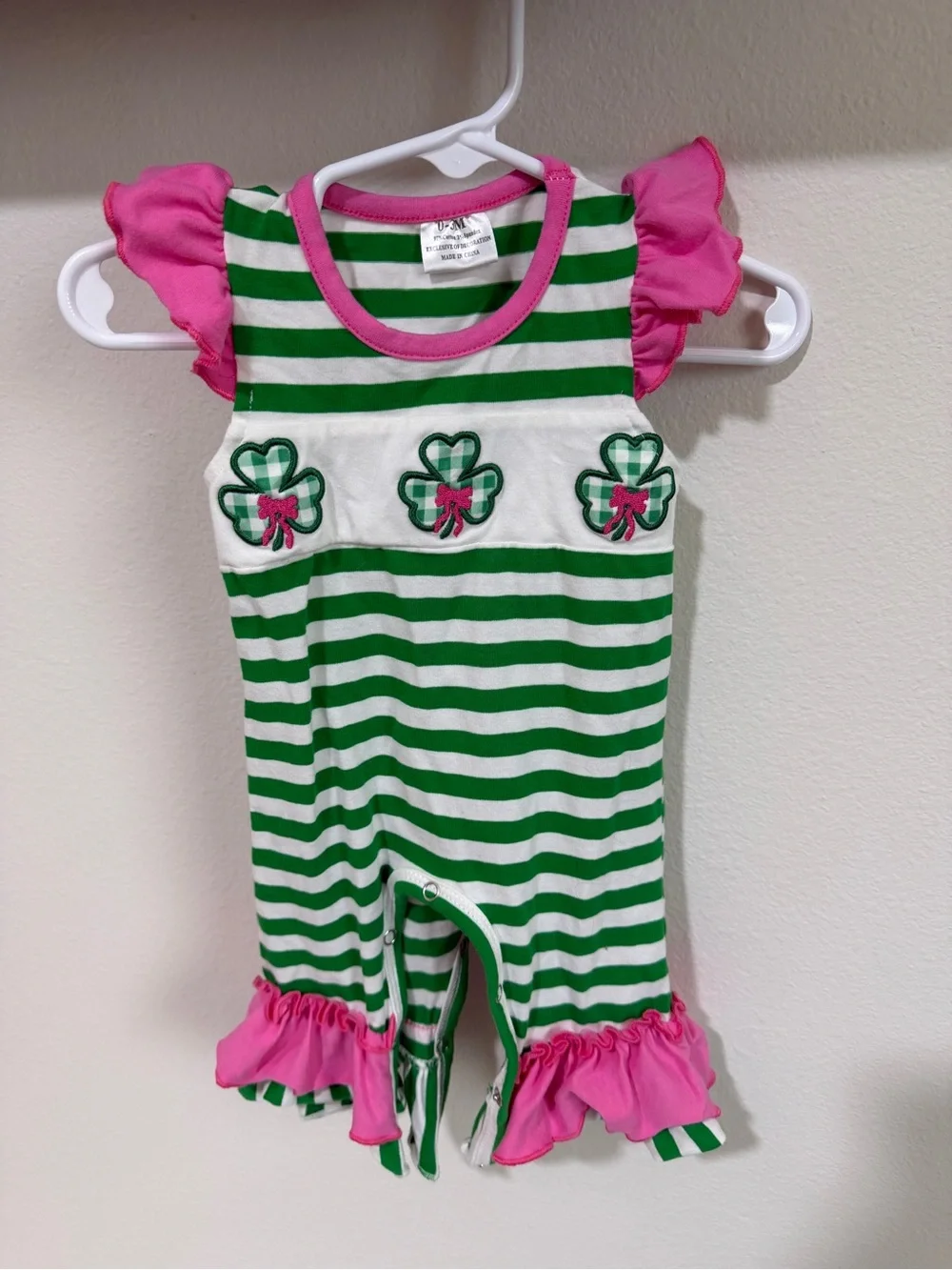 Green & White Striped Shamrock Baby Romper with Pink Ruffle Trim